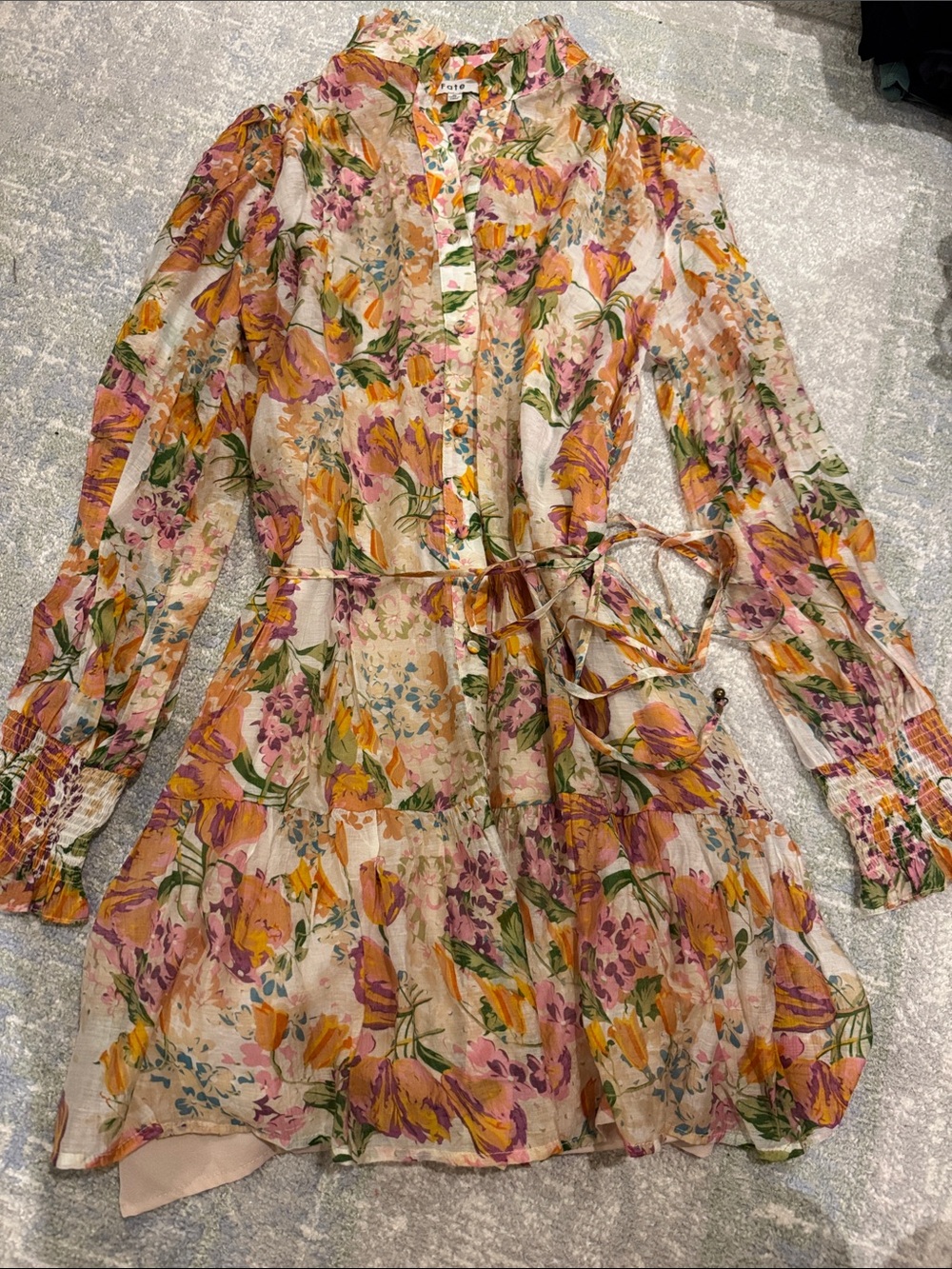 Fate Floral Tiered Long-Sleeve Dress - Pink, Yellow & Green